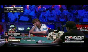 Riess har raiset knappen og Farber kaldt i big blind. Farber check/caller flop. Turn check/raiser Farber og Riess kalder. River better Farber og Riess går i tanken.